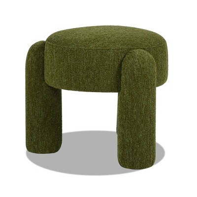 Moss Green Boucle Round Upholstered Ottoman with Eucalyptus Legs