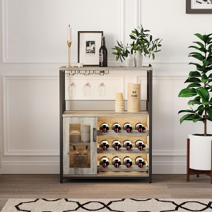 3-Tier Wine Bar Cabinet with Wine Rack and Storage Space, Buffet Cabinet with Glass Holder and Mesh Door, for Kitchen, Living Room and Bar - 1 of 4