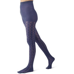 Memoi Women's Textured Cotton Rich Inverted Crochet Fashion Tights Patriot Blue S-M - 1 of 4