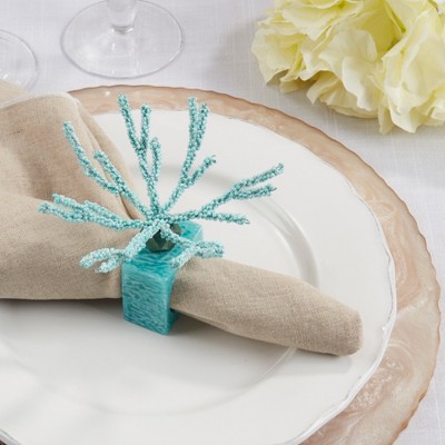 Aqua Beaded Coral Design Iron Napkin Rings, Set of 4