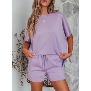 Women’s 2 Piece Pajama Lounge Set with Oversized Top and Drawstring Shorts for Sleepwear Purple XL - 1 of 4