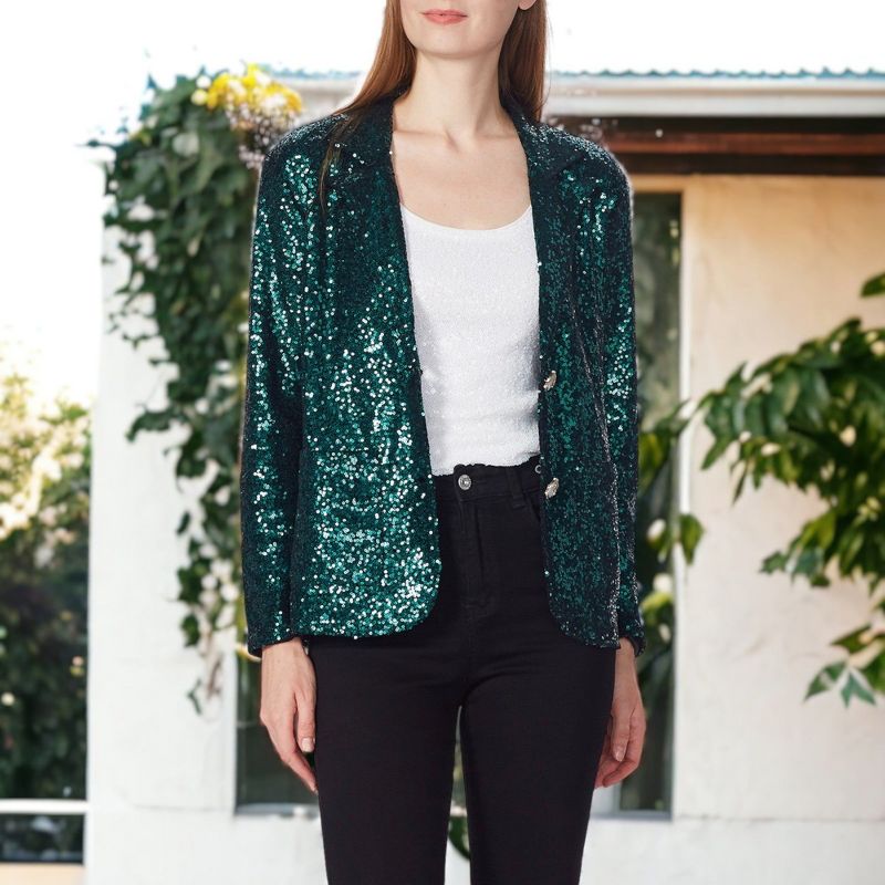 Anna-Kaci Women's Long Sleeve Sparkle Sequin Two Button Blazer Jacket, 2 of 9