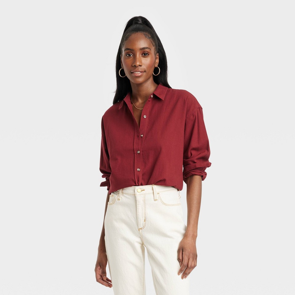 Women's Long Sleeve Oversized Button-Down Shirt - Universal Thread Burgundy XS, Red