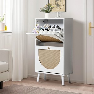 KTMBDW Shoe Rack Storage Organizer with 2 Natural Semi-Circular Rattan Doors, Entryway Wooden Shoe Cabinet for Sneakers, Leather Shoes, High Heels - 1 of 4