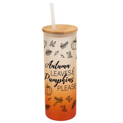 Elanze Designs Autumn Leaves & Pumpkins Please Harvest Wrap-Around Design 25 Ounce Frosted Gradient Glass On-The-Go Coffee Travel Skinny Tumbler Mug