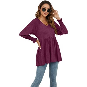 Women's V-Neck Peplum Tunic Top Long Smocked Sleeve Flowy Blouse - 1 of 3