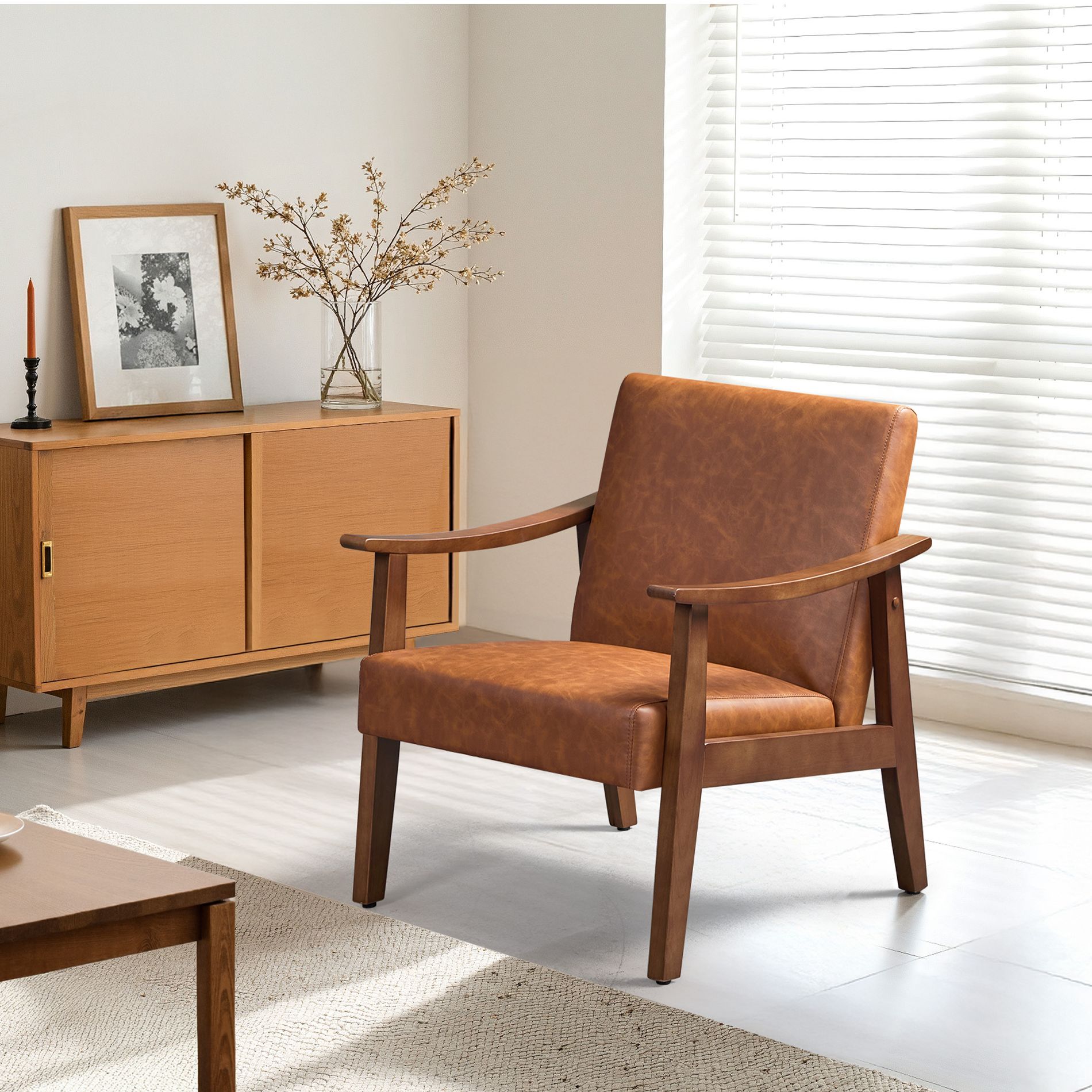 Yaheetech Modern Faux Leather Accent Armchair, Upholstered Chair with Solid Wood Legs for Living Room & Bedroom, Light Brown