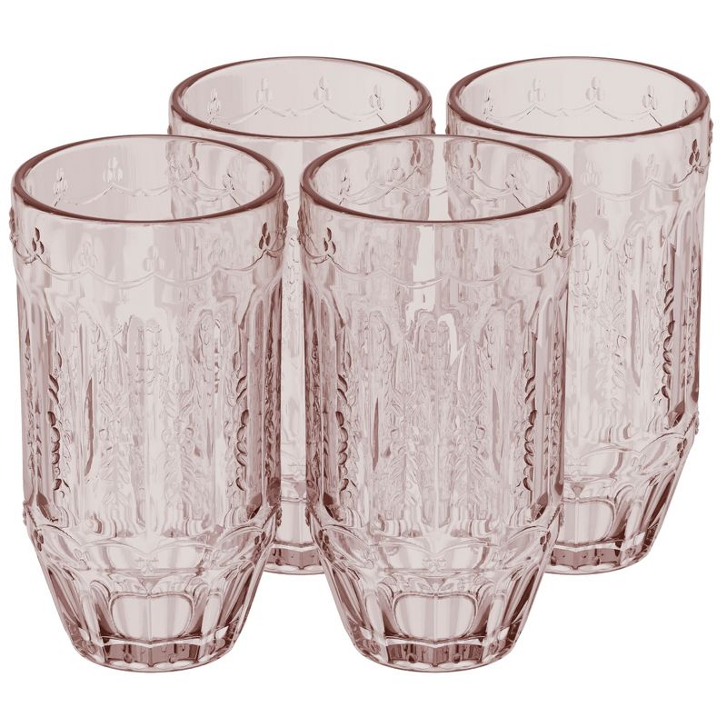 Elle Decor Vintage Highball Glasses, Set of 4, Colored Glassware Set, Water Cups for Party, Wedding, & Daily Use, Elegant Tom Collins Glasses - Pink, 1 of 8