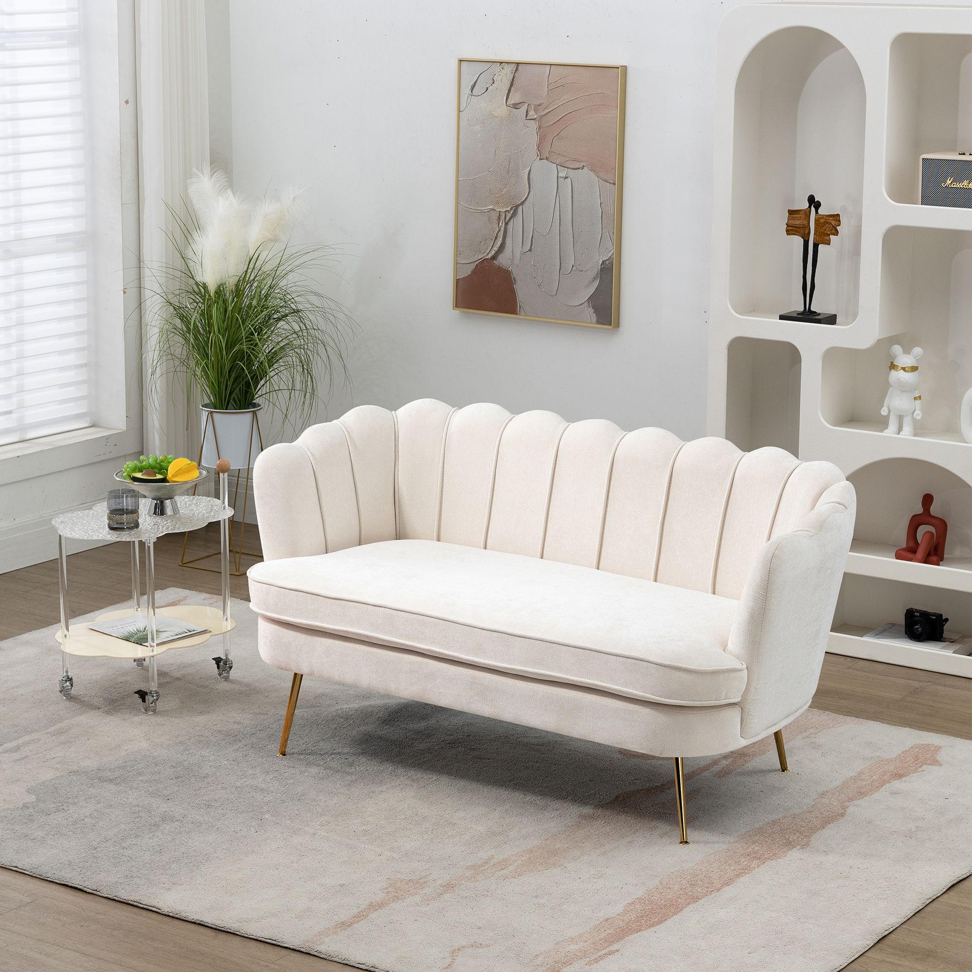 59"W Upholstered Loveseat Sofa Couch, Two-Seater Sofa with Gold Metal Legs, Beige-ModernLuxe