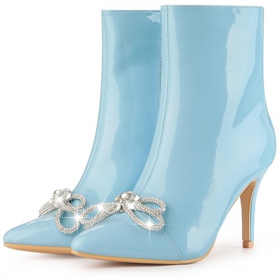 Perphy Women's Bow Rhinestone Pointy Toe Stiletto Heels Ankle Boots