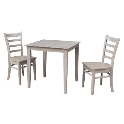 3pc Solid Wood 30"x30" Dining Table and 2 Emily Chairs Washed Gray Taupe - International Concepts: Parawood, Square, Non-Extension