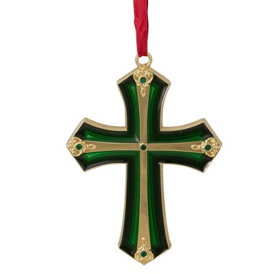 Northlight 3.5" Green and Gold Layering Effect Cross Christmas Ornament with Crystals