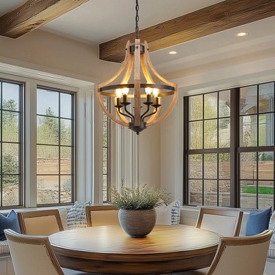 DORESshop 5-Light Farmhouse Deep Wood and Matte Black Iron Chandelier with Boat Anchor Geometric for Kitchen Dining Room Living Room No Bulbs Included