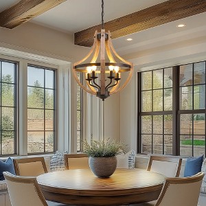 DORESshop 5-Light Farmhouse Deep Wood and Matte Black Iron Chandelier with Boat Anchor Geometric for Kitchen Dining Room Living Room No Bulbs Included - 1 of 4