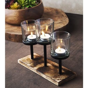 Le'raze Elegant Decorative Votive Candle Holder Centerpiece, 3 Glass Cups on Wood Base - 1 of 4