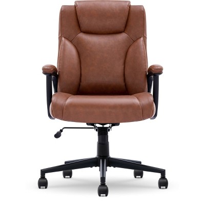 Cognac Bonded Leather Executive Swivel Chair with High Back and Fixed Arms