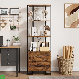 70.9"H 4-Tier Bookcase with Storage Drawers, Metal Frame and Open Display Shelves, Woodgrain Finish - 1 of 4