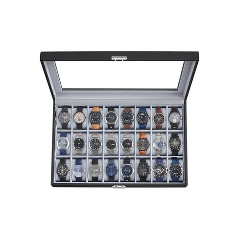 Songmics Watch Box 24-slot Watch Case Lockable Watch Storage Box With Glass  Lid Gift Idea Black Synthetic Leather Gray Lining : Target