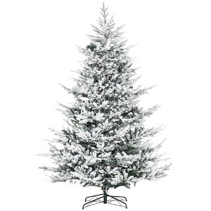 HOMCOM 8 FEET Pine Snow Flocked Artificial Christmas Tree with 1479 Realistic Cedar Branches, Auto Open, Home Holiday Decoration, Green - 1 of 4