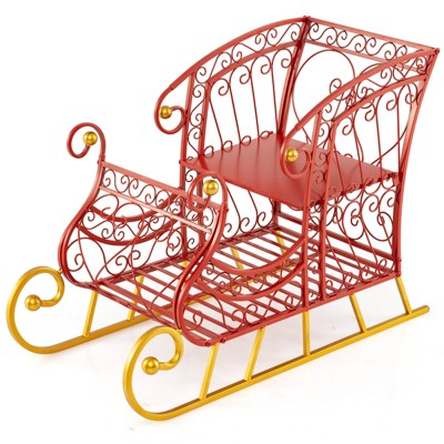 Tangkula Metal Christmas Santa Sleigh Basket 2-Tier Red Xmas Santa's Gift Storage Sleigh with Large Cargo Area Sleigh Cart Holiday Decoration