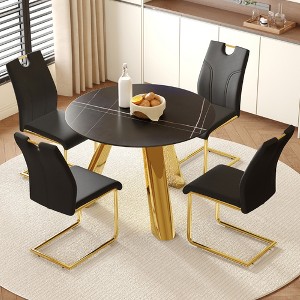 4-Piece Dining Set with Sintered Stone Tabletop and Dining Chairs with Golden Metal Leg - 1 of 4