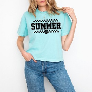 Simply Sage Market Women's Checkered Summer Varsity Short Sleeve Relaxed Fit Cropped Tee - 1 of 4