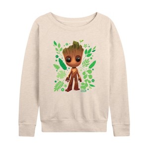 Women's - Marvel - Guardians of the Galaxy Baby Groot Leaf Lightweight French Terry Wide Neck Long Sleeve Shirt - 1 of 4