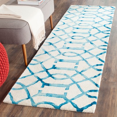 Ivory and Turquoise Hand-Tufted Wool Runner Rug