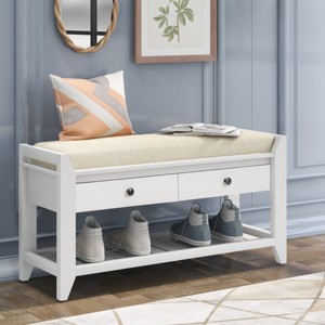 Farmhouse Shoe Storage Bench with Cushion and Drawers,39" Solid Wood Entryway Organizer with Bottom Rack for Hallway Bedroom-Baofuwish - 1 of 4