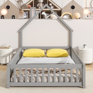 NicBex Kids Montessori Bed with Fence,Floor Bed with House-Shaped Headboard,Twin/Full Size Toddler bed for Bedroom,Gray/White/Brown - 1 of 4