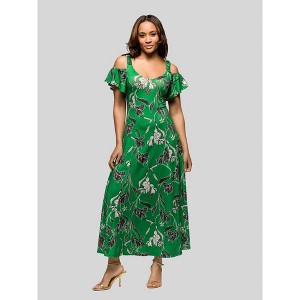 24seven Comfort Apparel Womens Green Floral Cold Sholder Ruffle Sleeve A Line Maxi Dress - 1 of 4