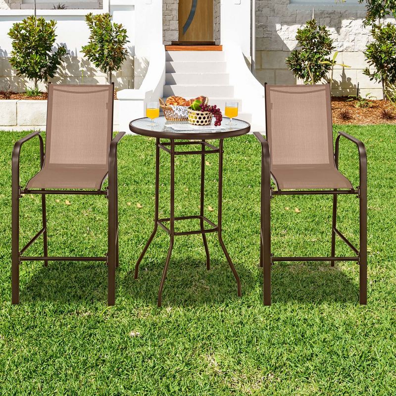 Costway 3 PCS Outdoor Patio Bar Table Stool Set Height Tempered Glass Top, 1 of 11
