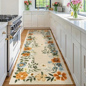 Washable Floral Rug, Non-Slip Low Pile Carpet for Living Room, Entryway, Office - Stain-Resistant & Foldable - 1 of 4