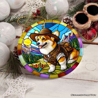 Corgi Adventurer Stained Glass Style Porcelain Ornament, 3-inch