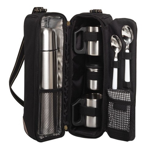 Picnic at Ascot Travel Coffee Tote for 2 Including Stainless Vacuum Flask,  Cups, Creamer and Teaspoons- Designed & Assembled in the USA
