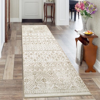 2'x6' Washable Geometric Living Room Rugs, Indoor Farmhouse Non Slip Bedroom Carpet, Large Stain Resistant Dining Room Rugs, Light Taupe