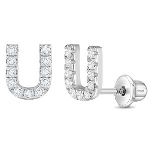 Girl's Cubic Zirconia Letter Initial Screw Back Sterling Silver Earrings - In Season Jewelry - 1 of 4