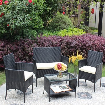 4 Piece Wicker Patio Furniture Set, Outdoor Conversation Set With With Loveseat & 2 Armchair, Porch Wicker Chairs Set for Poolside Backyard