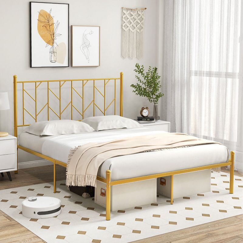 Tangkula Full Size Platform Bed Frame Heavy-duty Metal Bed Frame w/Sturdy Metal Slat Support Gold, 3 of 11