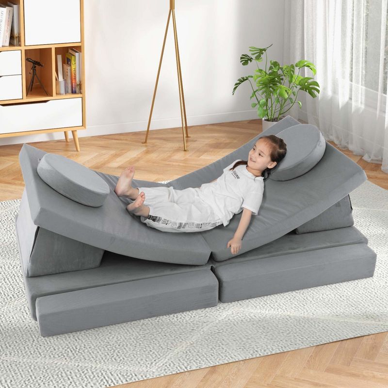 Costway 10 PCS Kids Play Sofa Set Modular Convertible Foam Folding Couch Toddler Playset Blue/Grey/Green, 4 of 10