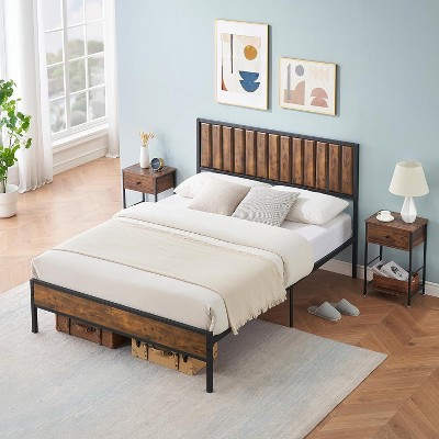 Farmhouse Metal Bed Frame with Headboard & Footboard, Wrought Iron Slat Platform & Wood Accents. No Box Spring, Easy Assembly, Strong Foundation.