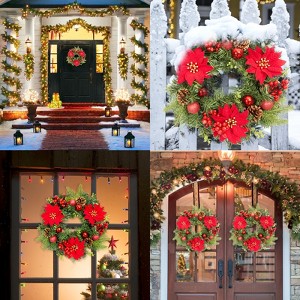 Christmas Wreath, 16'' Artificial Christmas Wreath with Red Poinsettia Flowers and Lifelike Leaves, Christmas Pine Wreath with Balls and Berries - 1 of 4