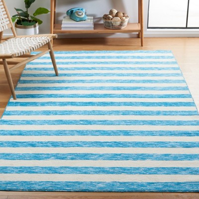 Blue and Ivory Striped Synthetic 4' x 6' Washable Rug