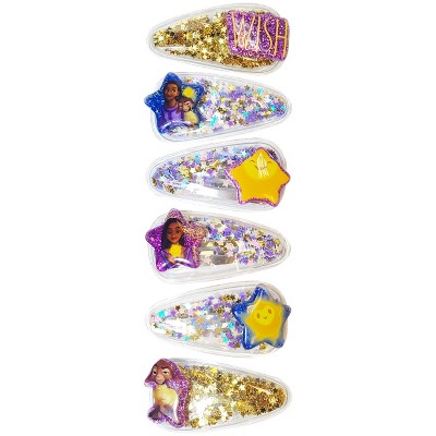 Disney Wish 6pcs Confetti Snap Hair Clips Set with Character Charms for girls - Disney Hair Accessories