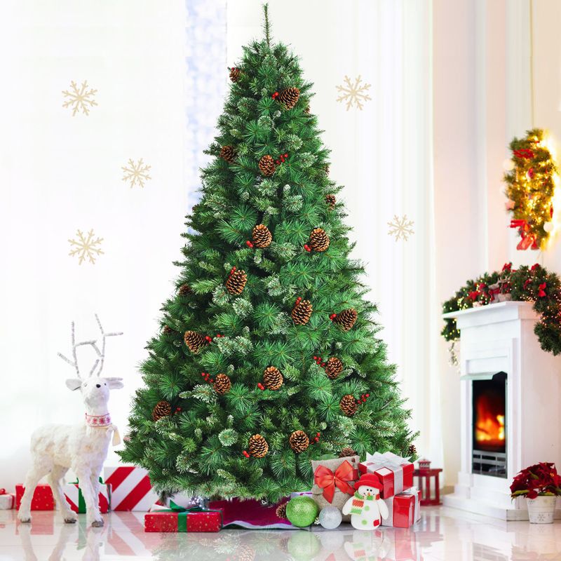 Tangkula 8ft Pre-Decorated Holiday Christmas Tree Unlit Artificial Pine Tree w/ Red Berries, 3 of 11