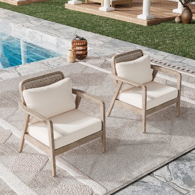 CAVINAS Set of 2 Outdoor Acacia Wood Patio Chairs with Waterproof Deep Seating,Rattan Patio Furniture for Porch,Backyard,Brown