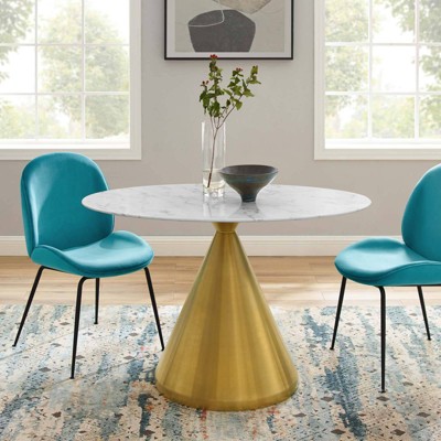48" White Marble and Gold Pedestal Dining Table