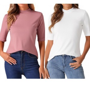 INSPIRE CHIC Women's Half Sleeve Casual Turtleneck Solid Elastic Soft T-Shirts 2 Packs - 1 of 4