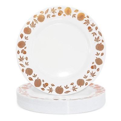 Juvale 24 Pack Plastic Thanksgiving Plastic Plates, Copper Foil Leaf Trim, Pumpkin Fall Tableware (9 In)