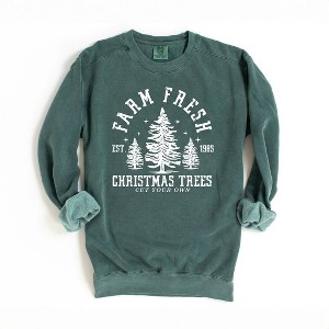 Simply Sage Market Women's Garment Dyed Graphic Sweatshirt Farm Fresh Christmas Tree Stars - 1 of 3